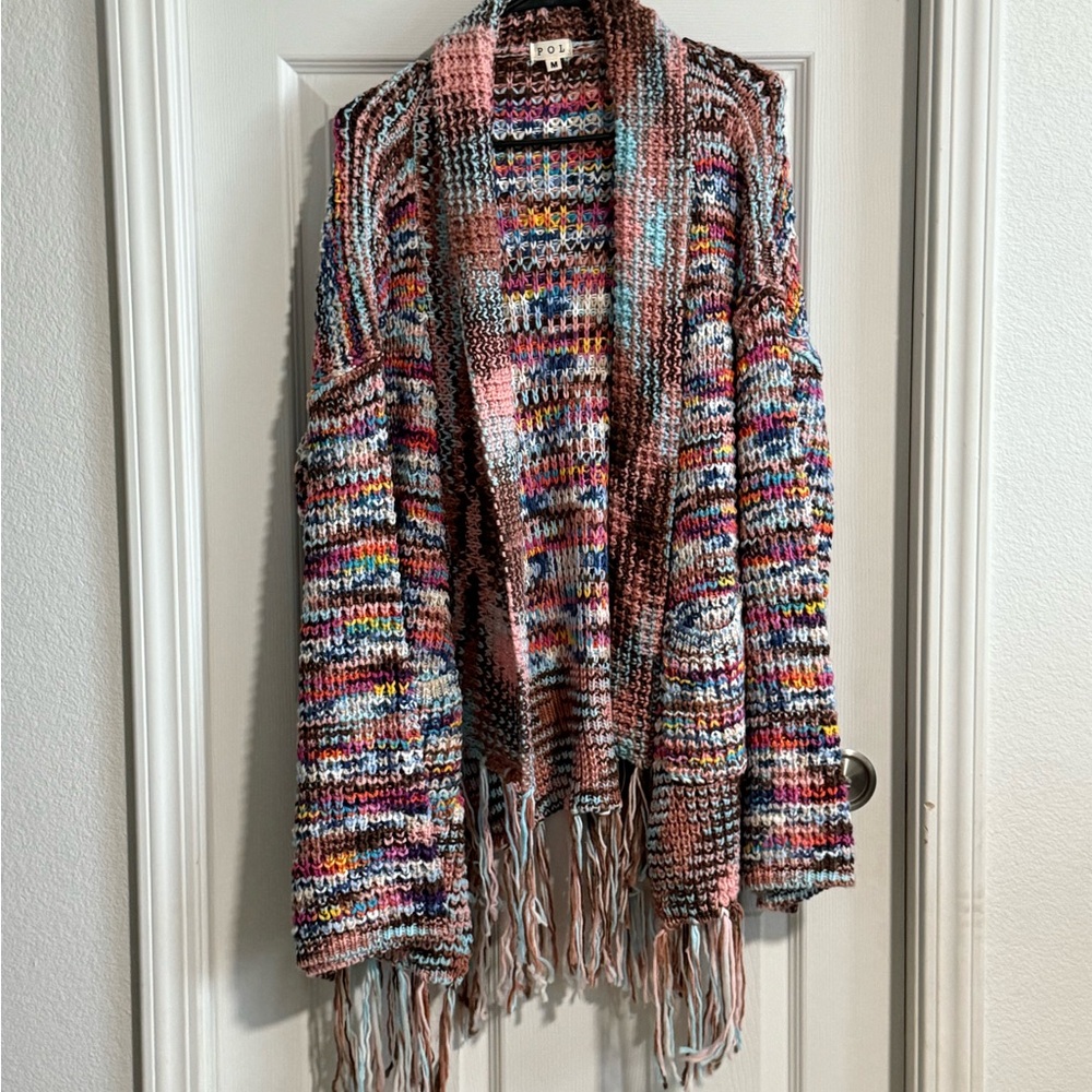 POL Multicolor Knit Fringe Cardigan - Pink, Blue, Brown, Cream